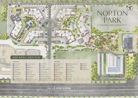 Mặt bằng tiện ích Norton Park với hai nhóm chú thích Phân khu B và Công viên